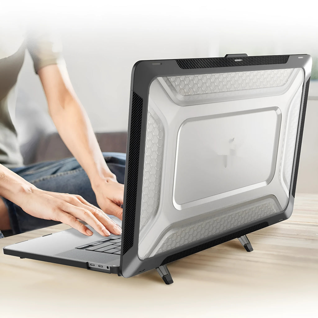Hard protective shell case for MacBook laptop in cool black, starry grey, apricot, and blue colour options.