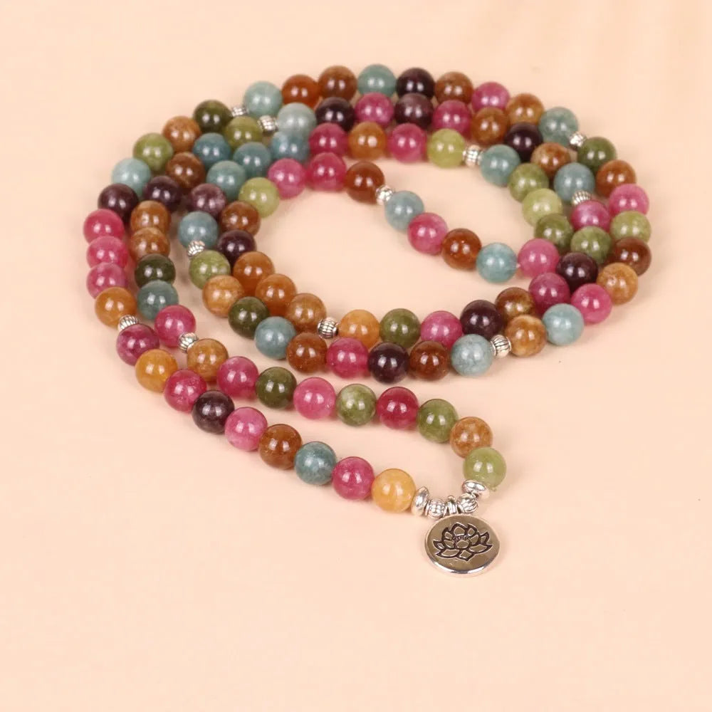 108-bead multi-layer lotus bracelet with alloy construction and tourmaline-coloured beads