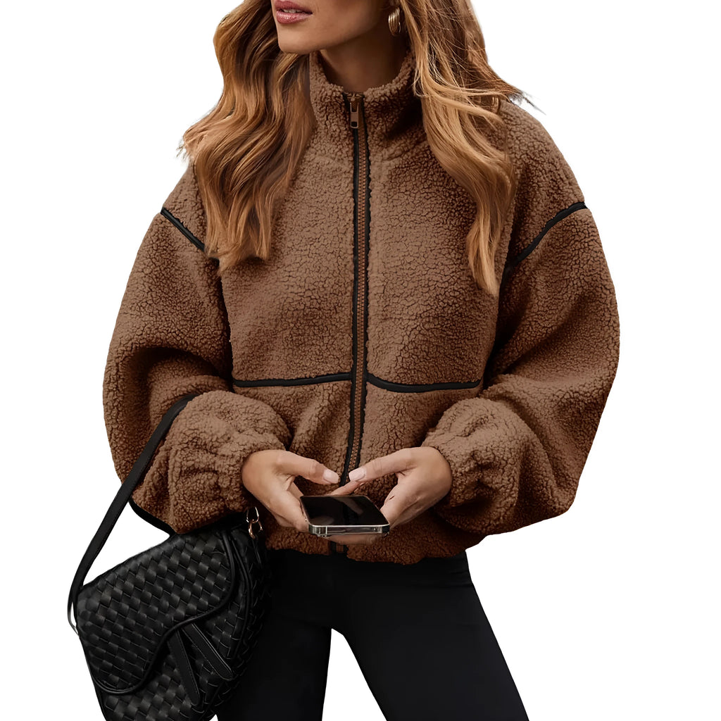 Berber fleece contrast colour stand-up collar women's coat in army green, loose fit, long sleeves, solid colour with splicing detail