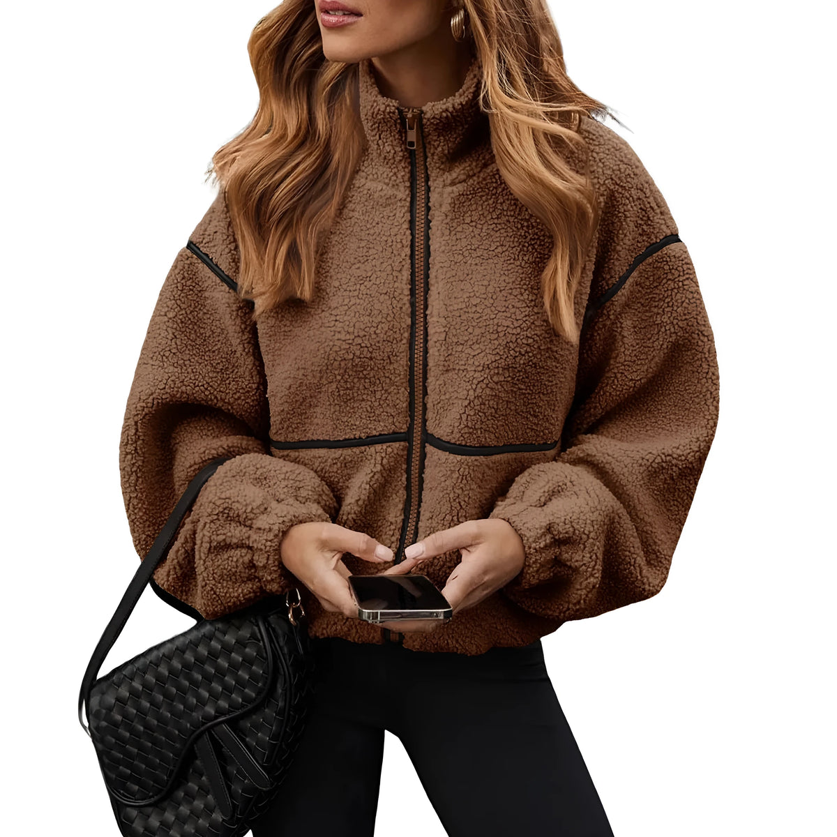 Berber fleece contrast colour stand-up collar women's coat in army green, loose fit, long sleeves, solid colour with splicing detail