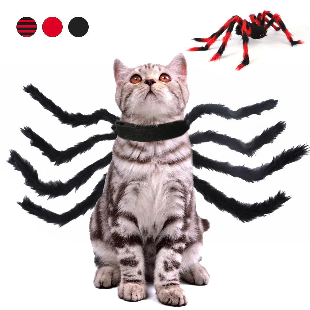 Spooky spider pet costume in red and black colors, designed for cats, dogs, and other small pets to wear for Halloween