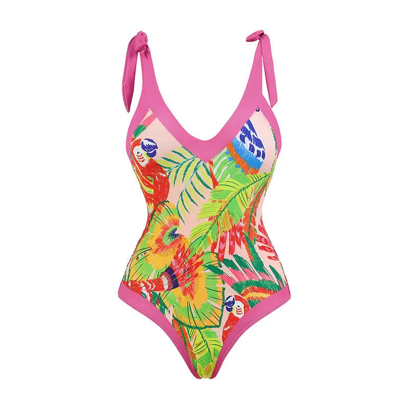 Women's pink retro one-piece swimsuit with V-neck, backless design and thin skirt cover
