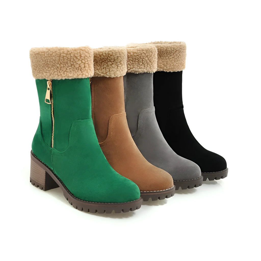 Ankle-high snow boots with plush lining and rubber insole in black, grey, green, and orange colours.