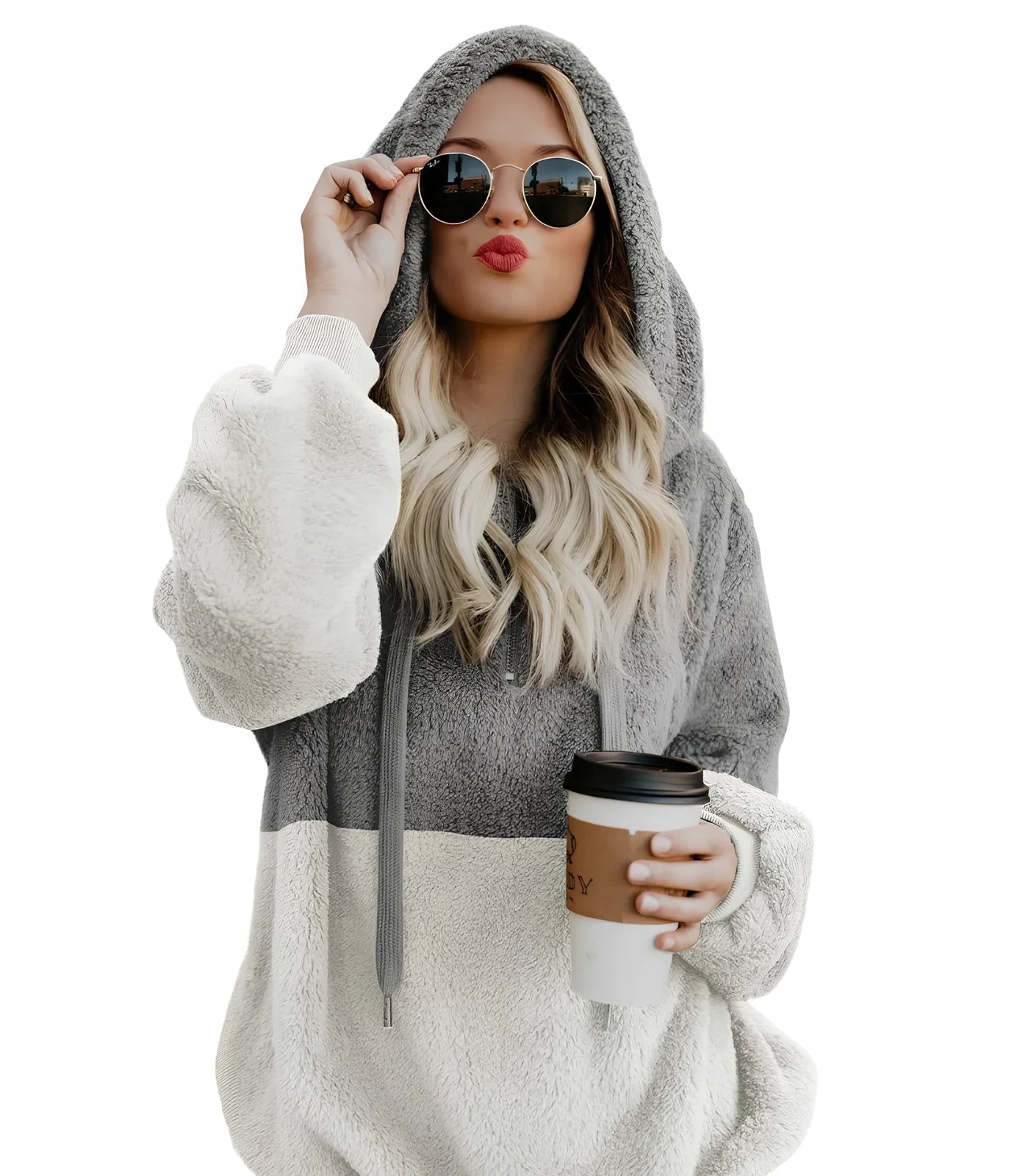 Women's casual plush hooded sweatshirt in dark grey with zipper, drawstring hood, and patchwork stitching, loose fit for autumn winter