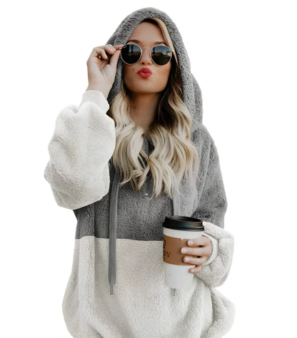 Women's casual plush hooded sweatshirt in dark grey with zipper, drawstring hood, and patchwork stitching, loose fit for autumn winter