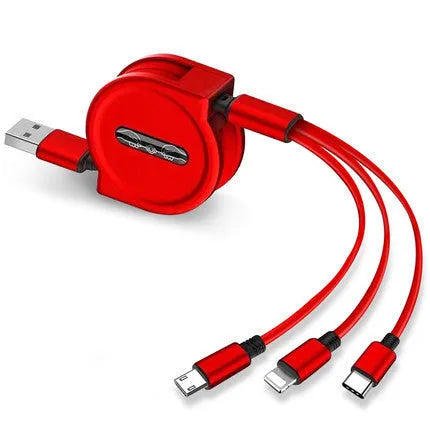 Black telescopic charging cable extended to full length showing three different connector types