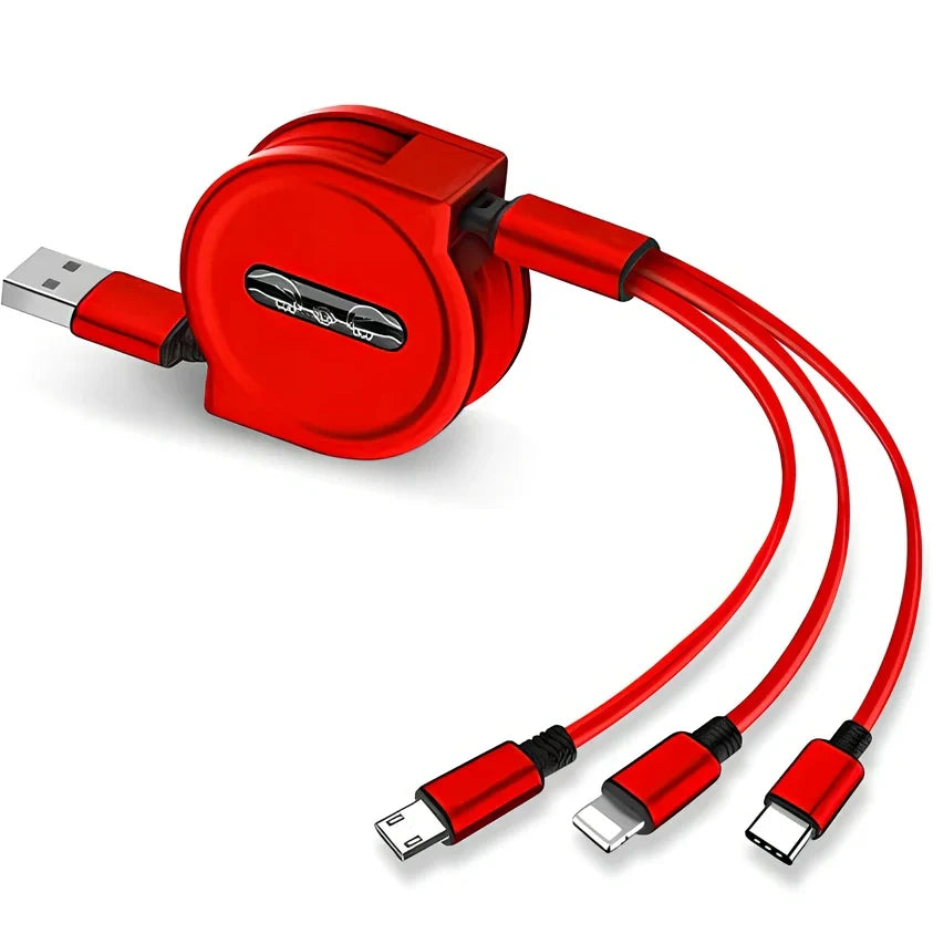 Black 3-in-1 telescopic charging cable extended to 120cm with three titanium alloy connectors for multi-device use