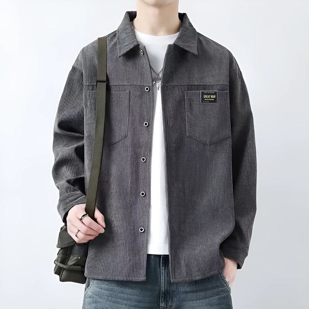 Men's long-sleeved corduroy jacket in cardigan style shown in khaki colour.
