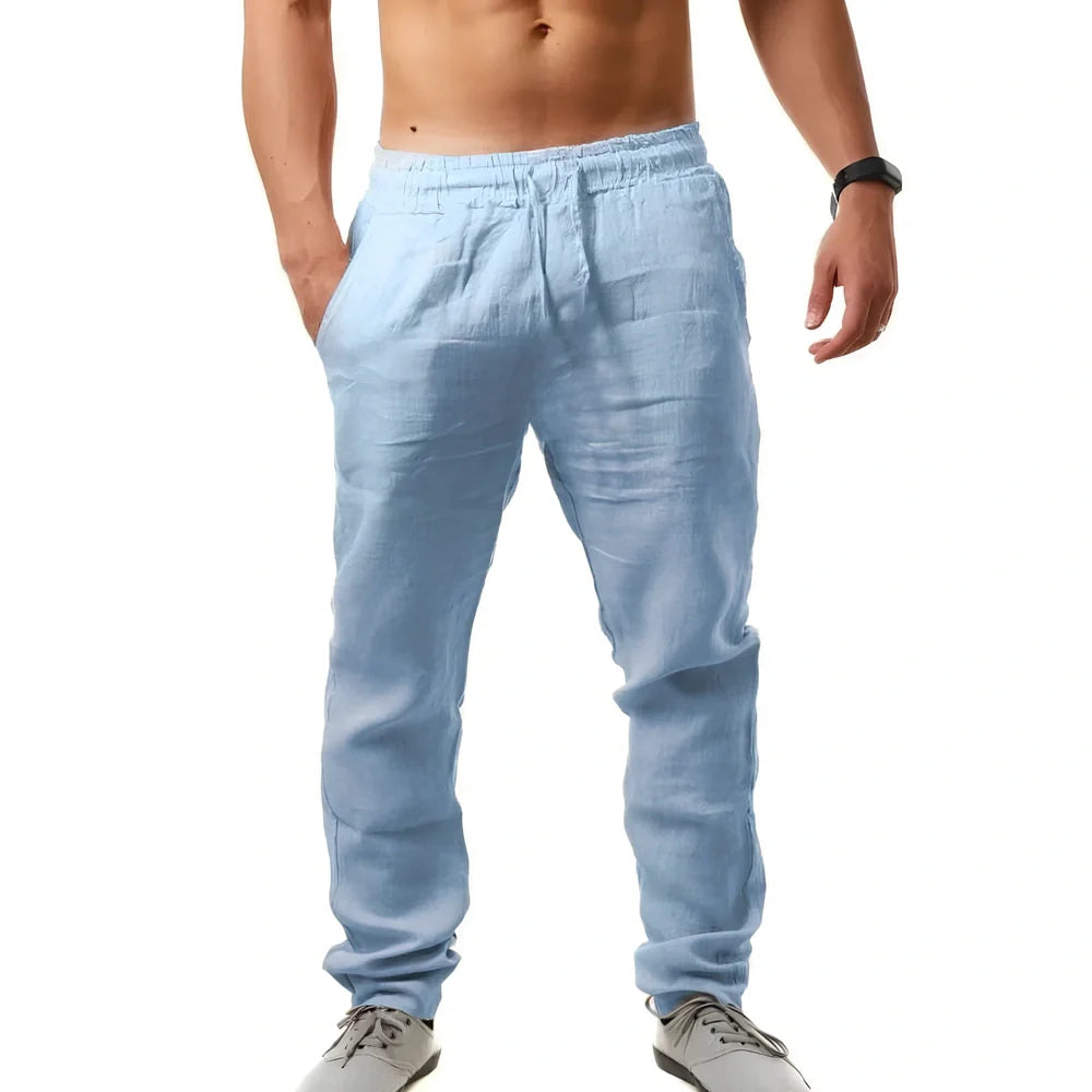 Breathable linen blend loose casual trousers in navy blue, mid-waist with belt, full length for youth leisure, sizes S-XXXL