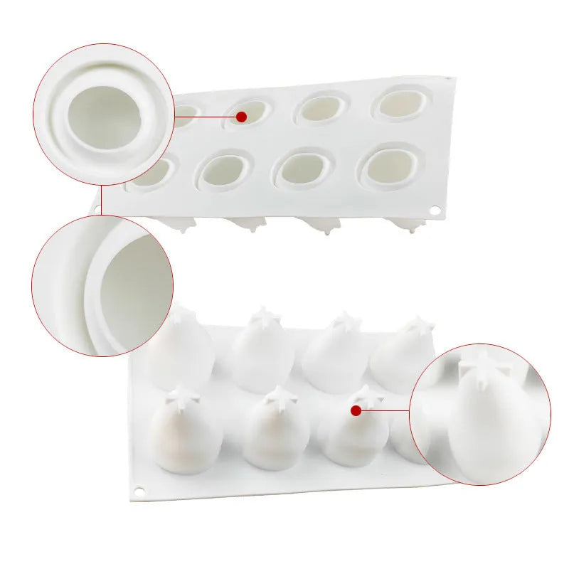 Six-cavity fruit silicone baking mould in pineapple, pine cone, and pear designs