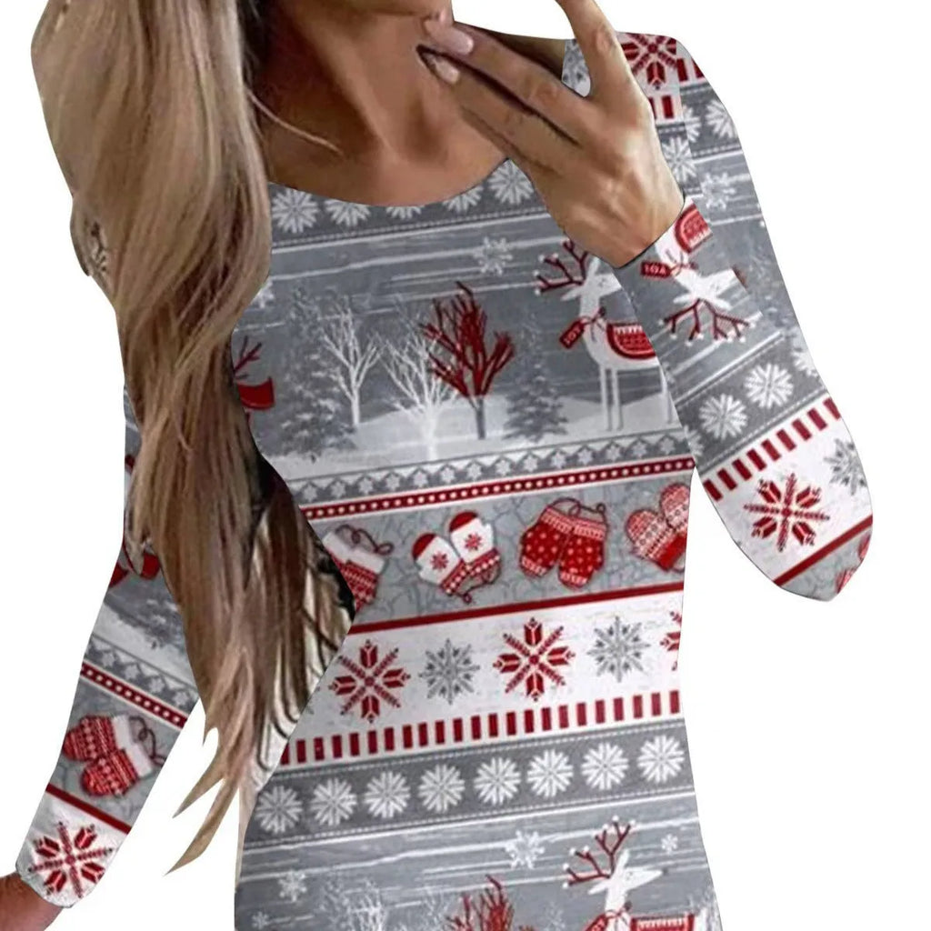 Women's Christmas printed dress with animal pattern and floral design in tight-fitting hip skirt style