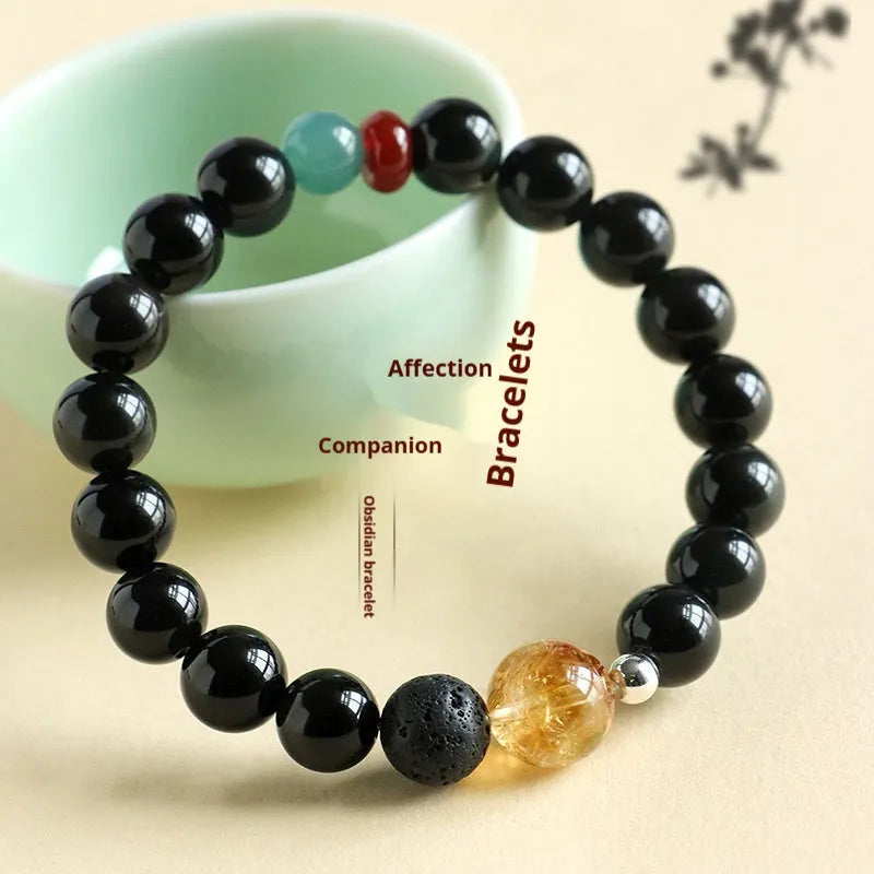 Chinese style obsidian and agate jade couple bracelet in 8mm and 10mm bead sizes