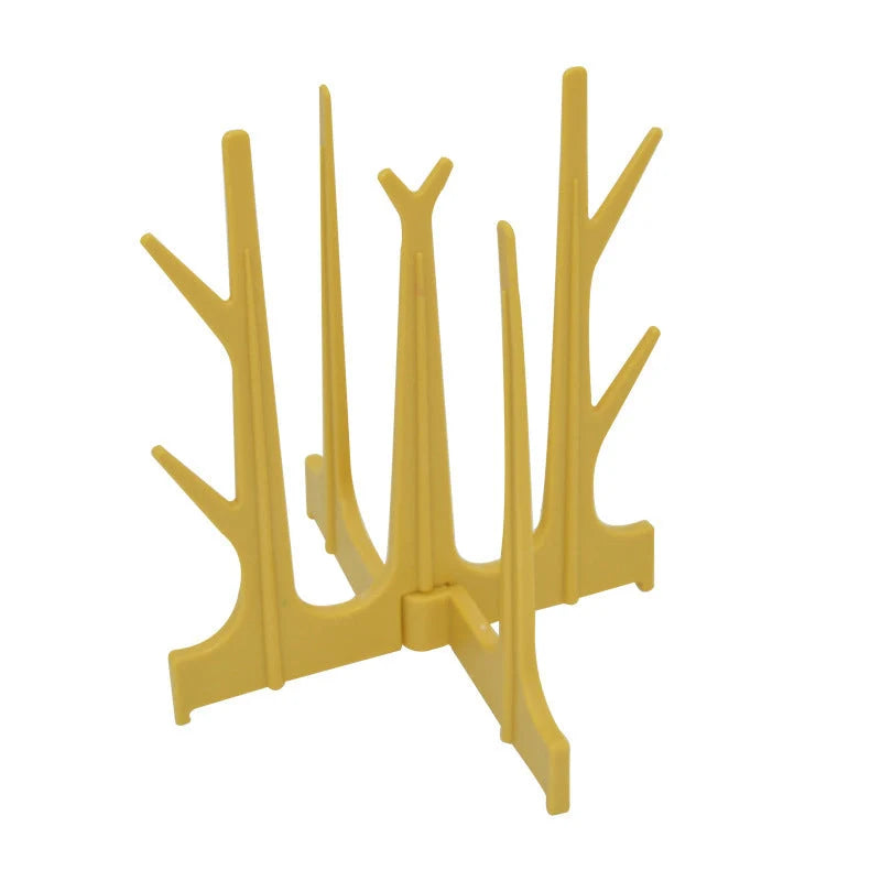 Creative tree branch design baby bottle drying rack in blue, yellow, white, and nude colours