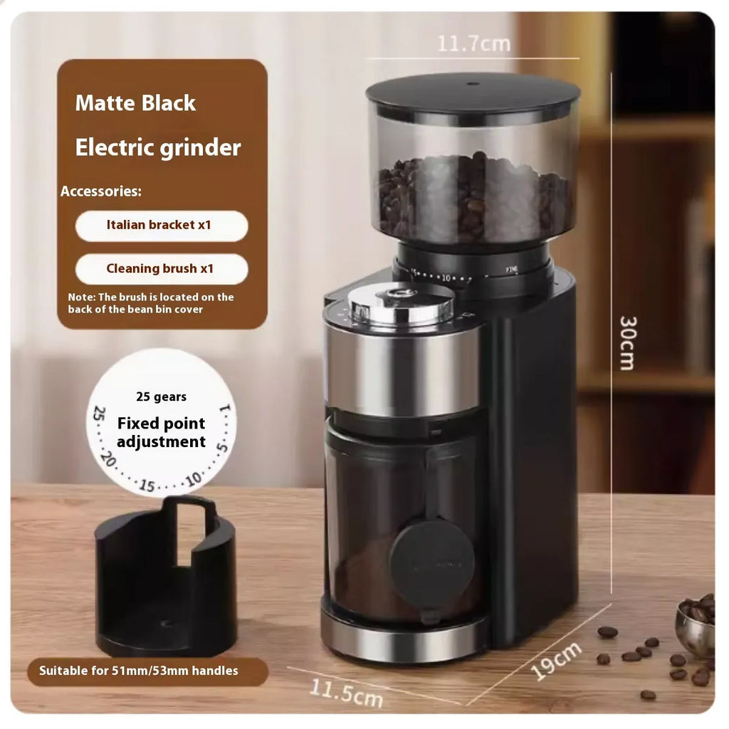 Smart electric coffee grinder with adjustable scale in black plastic body