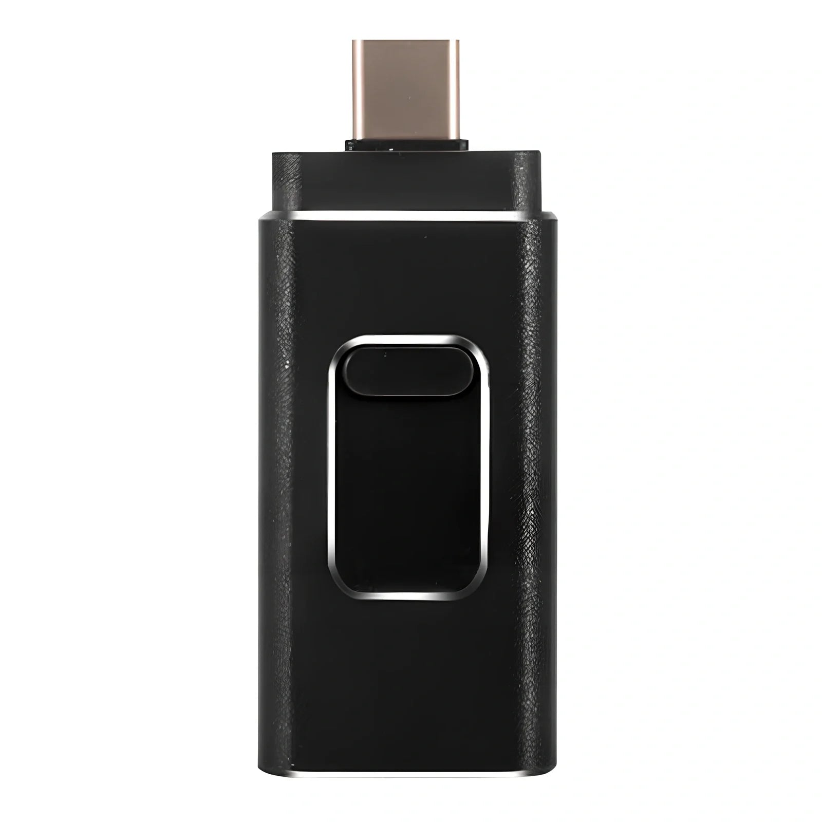Black 4-in-1 USB key showing Lightning Type-C USB ports, 67.5mm size for iPhone Android storage 8GB-512GB