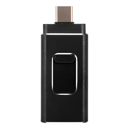 Black 4-in-1 USB key showing Lightning Type-C USB ports, 67.5mm size for iPhone Android storage 8GB-512GB