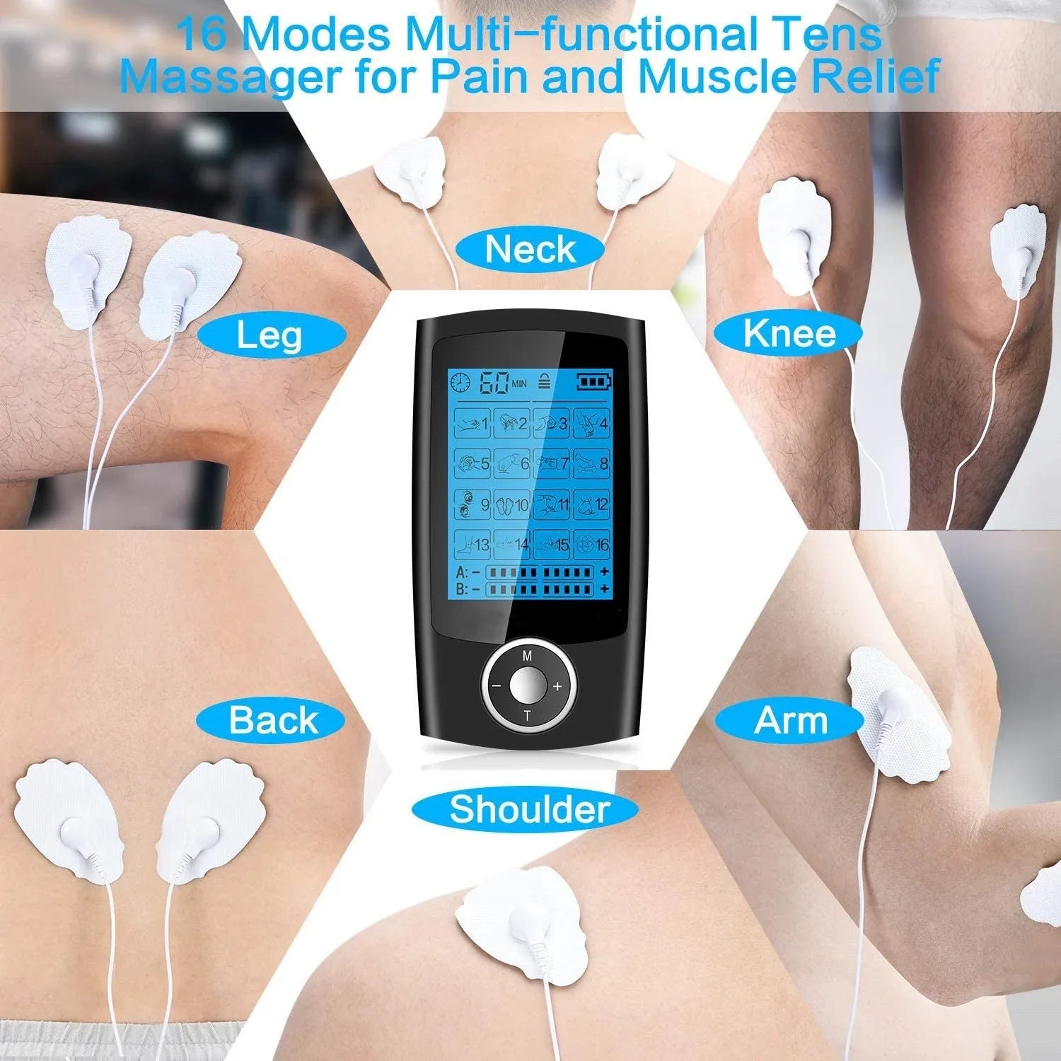 Portable Physiotherapy TENS and EMS Massager with 16 Customizable Massage Modes, Adjustable Timer and Intensity, Dual Output Channels, and Compact Design