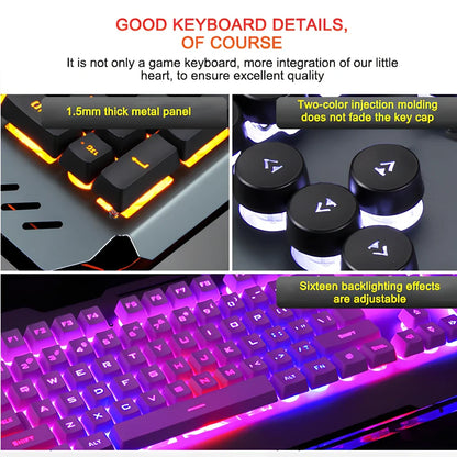 Black wired gaming keyboard with RGB backlight, 45.5 cm size, phone slot, and USB cable on desk