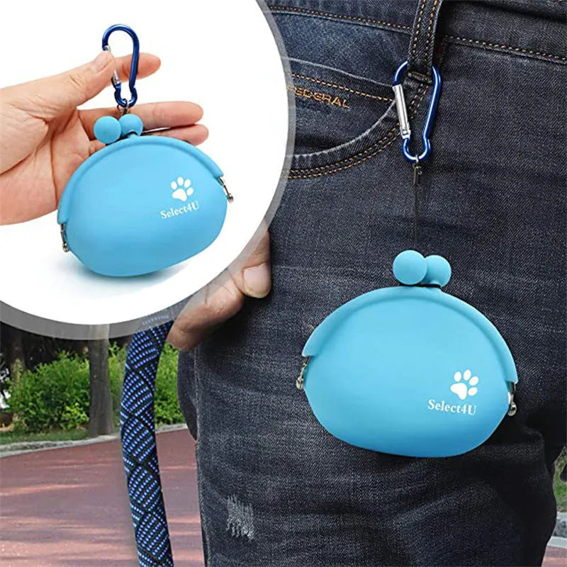 Yellow silicone dog treat bag with waist clip, shown open to reveal storage pocket.