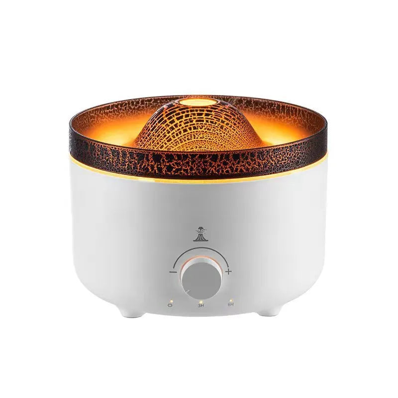 Small white volcano-shaped humidifier with simulated flame lighting and remote control