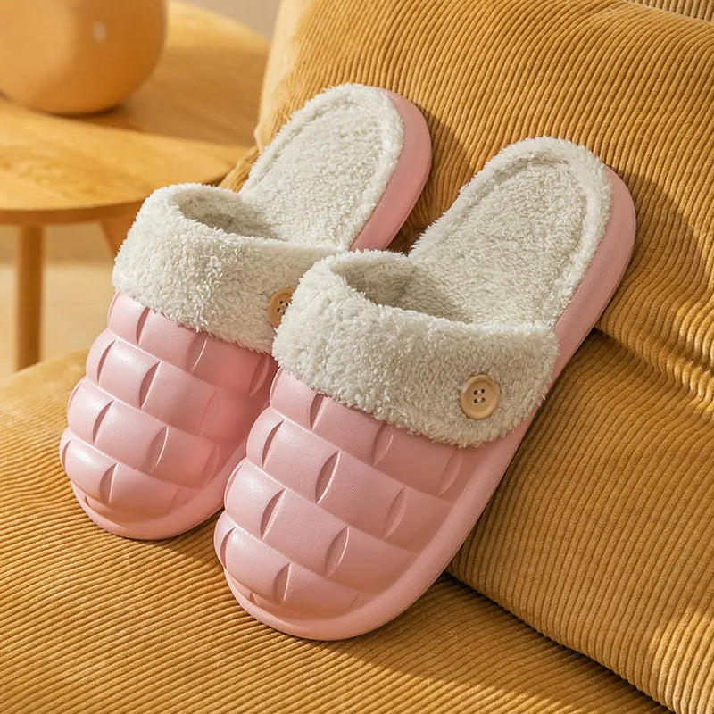 Plaid detachable EVA slippers with non-slip soles and plush lining in pink, green, yellow, white, grey, and black.