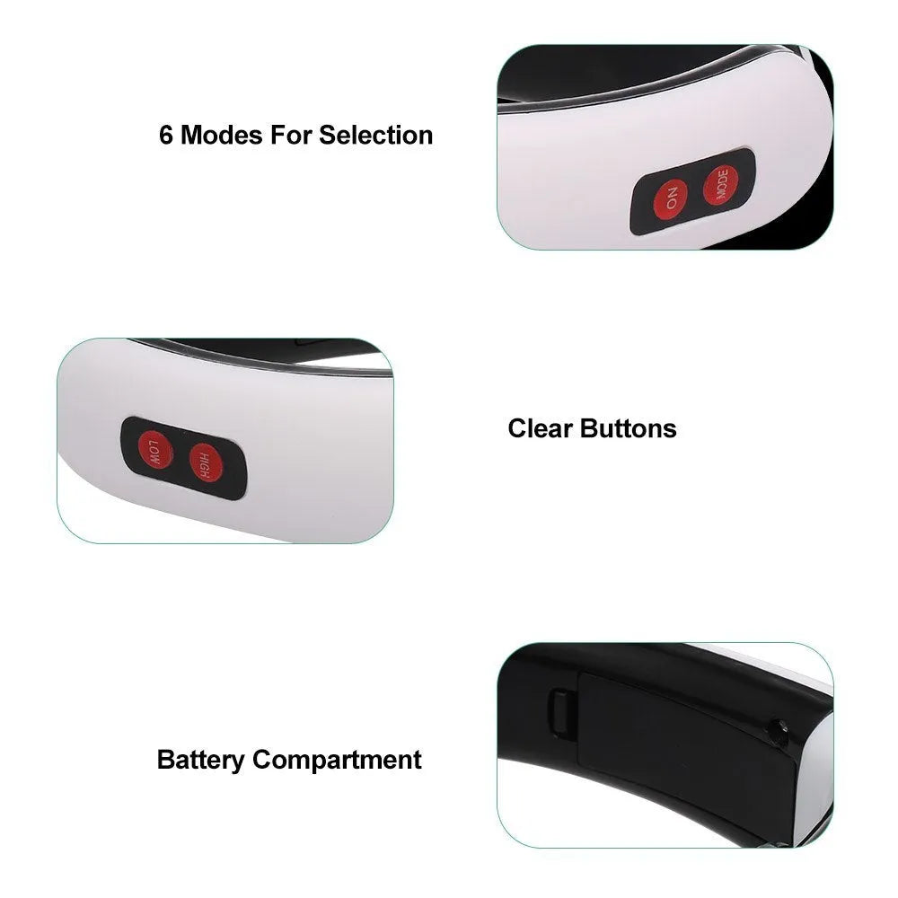 Cervical massager with 6 modes, white colour, ABS and gel construction, compact neck massage device