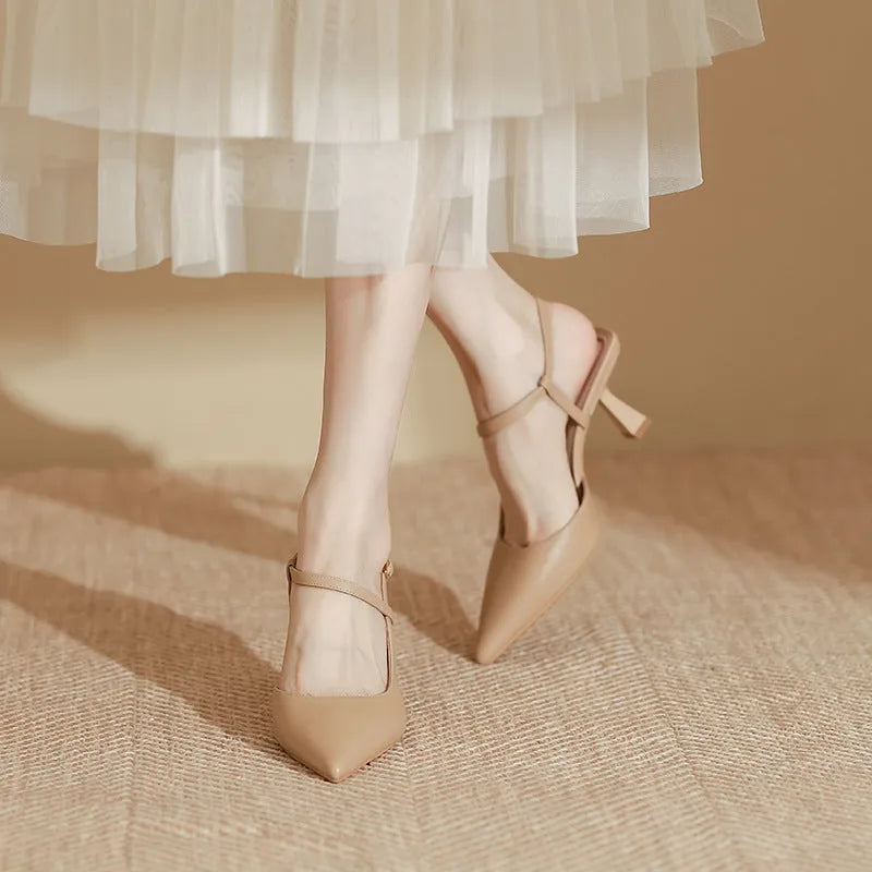 Spring women's pointed stiletto pump sandals in solid colour with rubber sole and imitation sheepskin lining, shown in apricot