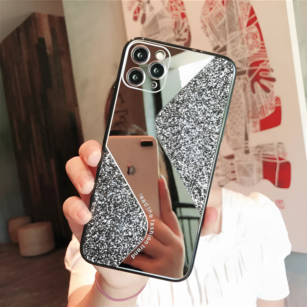 Luxury glitter phone case with rhinestones for iPhone in black, blue, and pink colours
