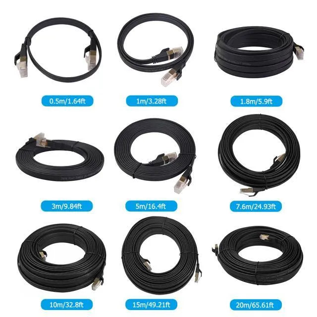 Cat8 40Gbps SFTP Ethernet cable with gold-plated RJ45 connectors on white background