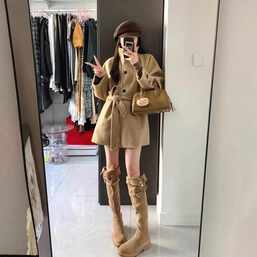 Korean style casual short woolen coat in black with button closure and conventional sleeves