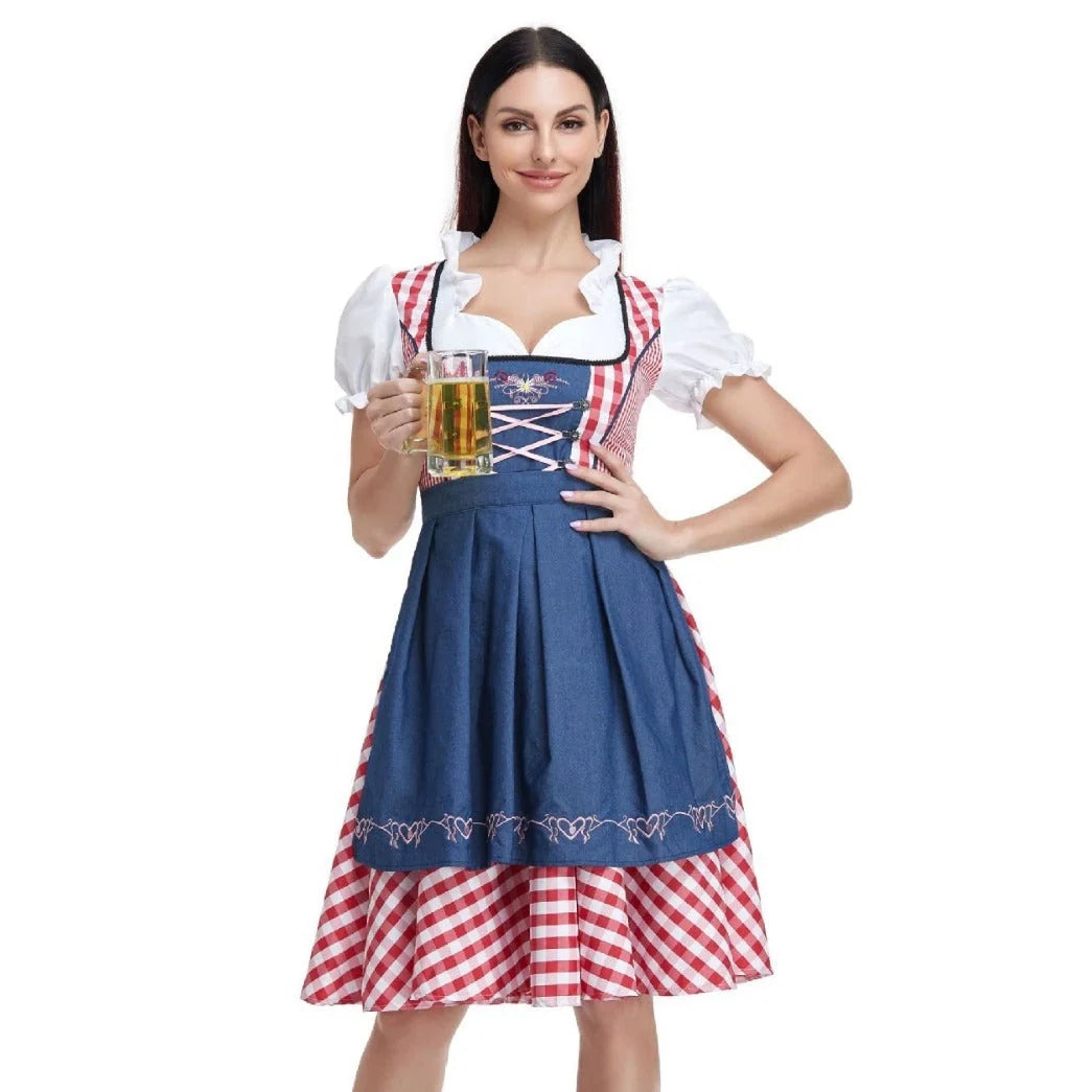 Women's Oktoberfest ethnic dress in red denim with apron and ribbon, sizes S to XXL
