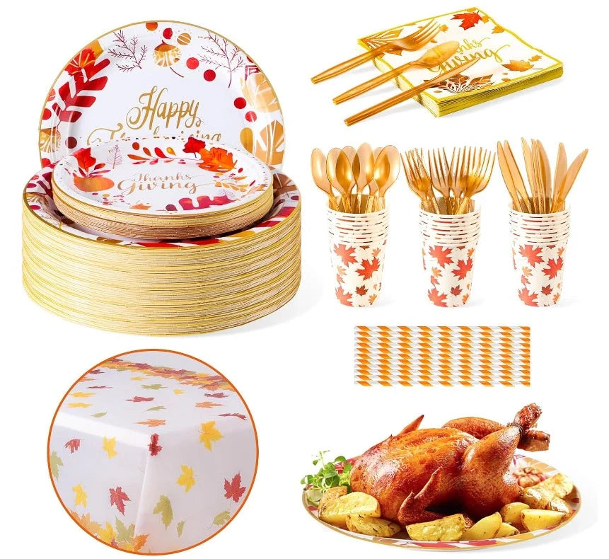 Thanksgiving plates and napkins set with traditional autumn motifs