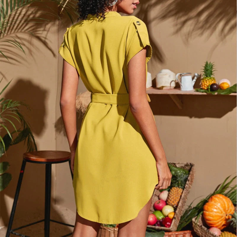 Women's V-neck short sleeve dress with adjustable belt in various colours