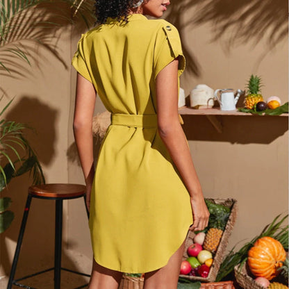 Women's V-neck short sleeve dress with adjustable belt in various colours