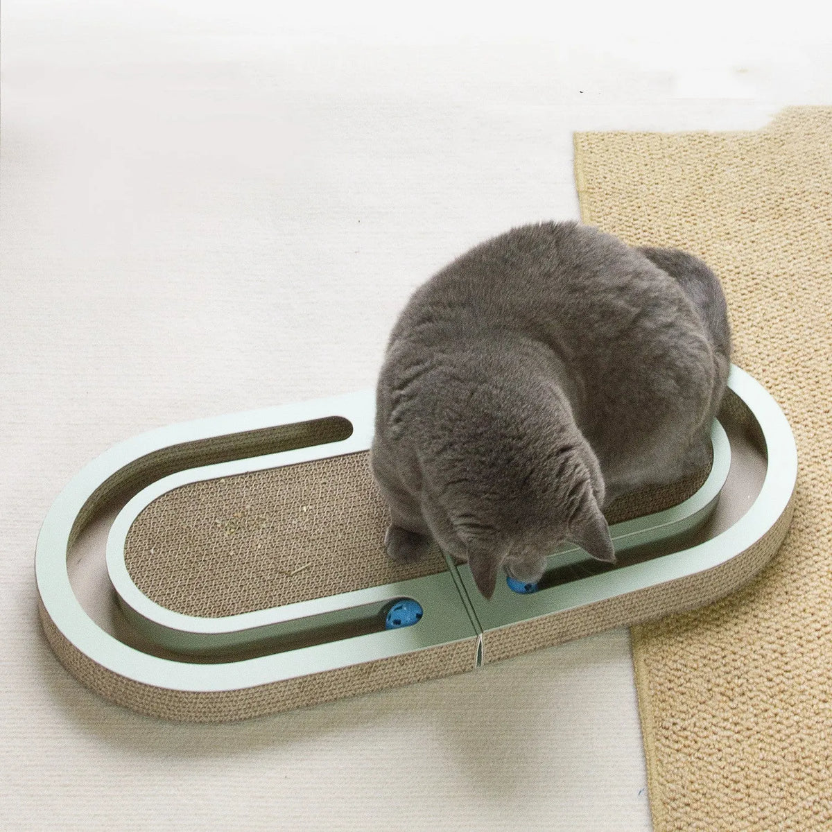 Green corrugated paper folding cat grab board with ball, L660xW300xH42mm