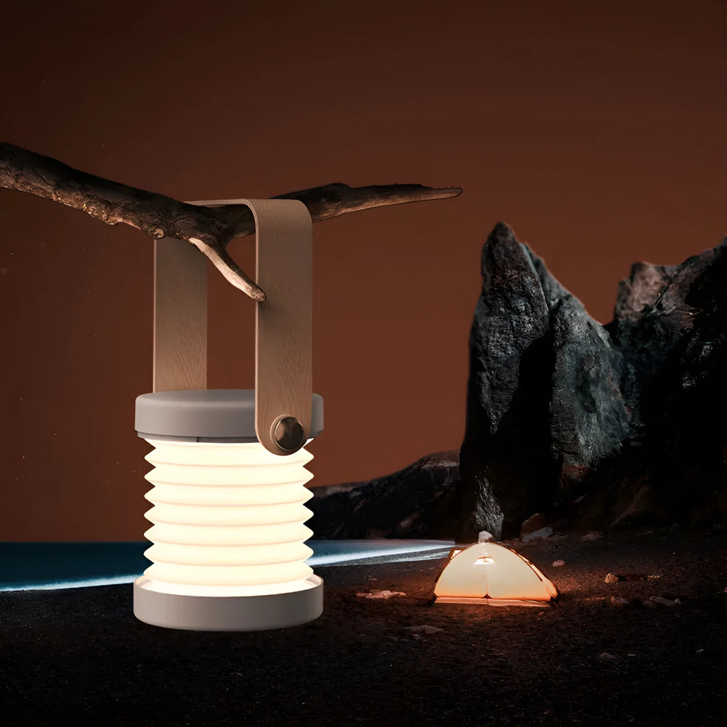 Foldable touch dimmable LED reading lamp in white, showing table lamp and lantern modes.