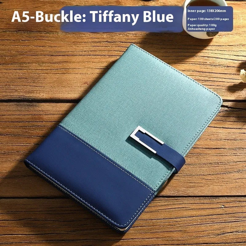 A5 soft PU leather business notebook in choice of five colours, shown with wood-free paper pages and optional gift box.