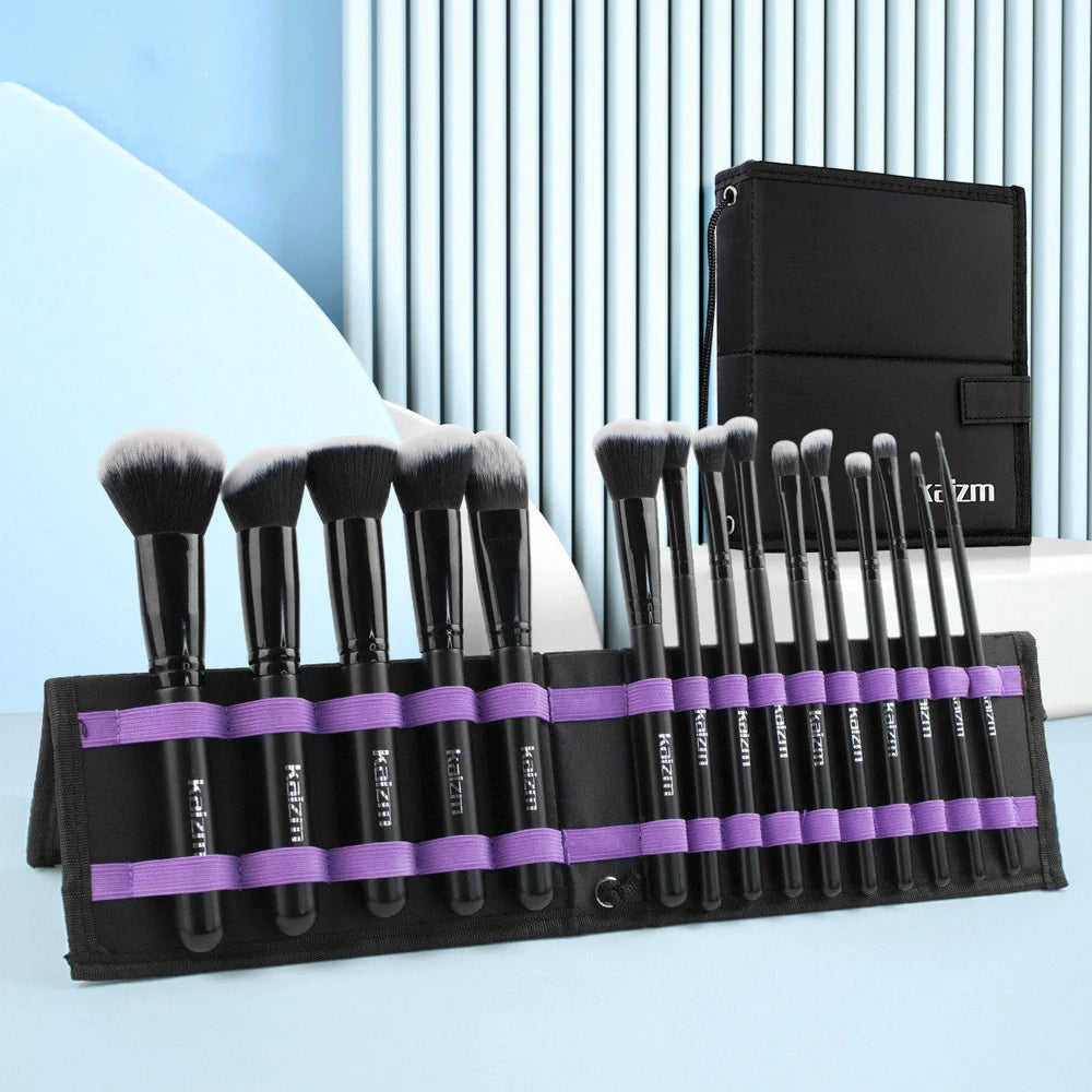 Black 15-piece makeup brush set with wooden handles and folding cloth storage bag