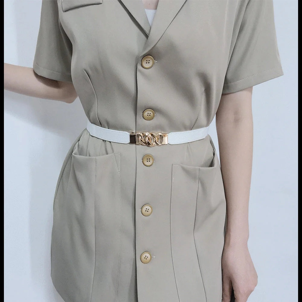 Women's fine leather waistband belt with multi-ring buckle in black, brown, and white