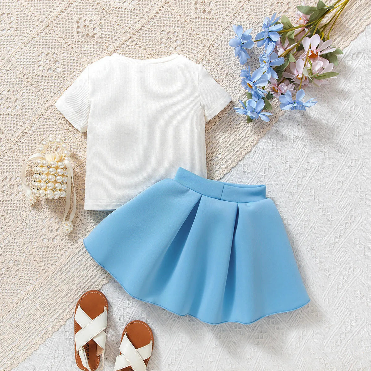 Baby girls flower print short sleeves top with bow puff skirt set in pink colour on child