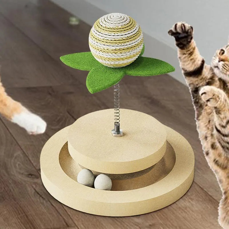 Green sisal cat scratching pad with interactive ball track and springs for indoor feline play