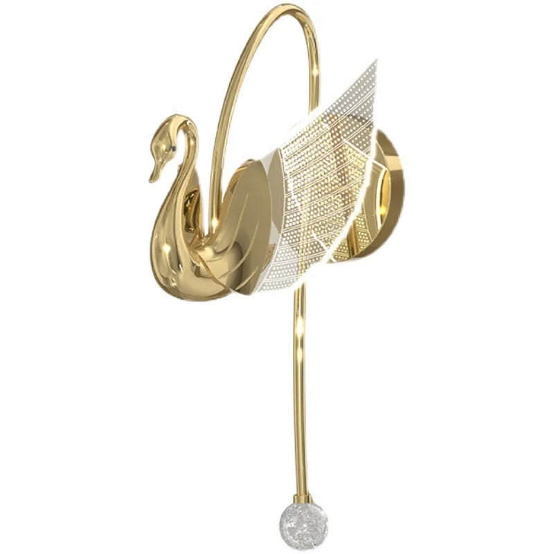 Modern minimalist gold swan-shaped wall lamp with an acrylic shade and LED light.