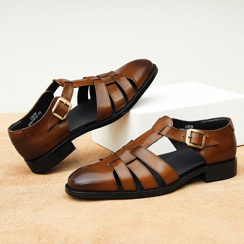 Men's black retro leather sandals with a cowhide upper and visible stitching.