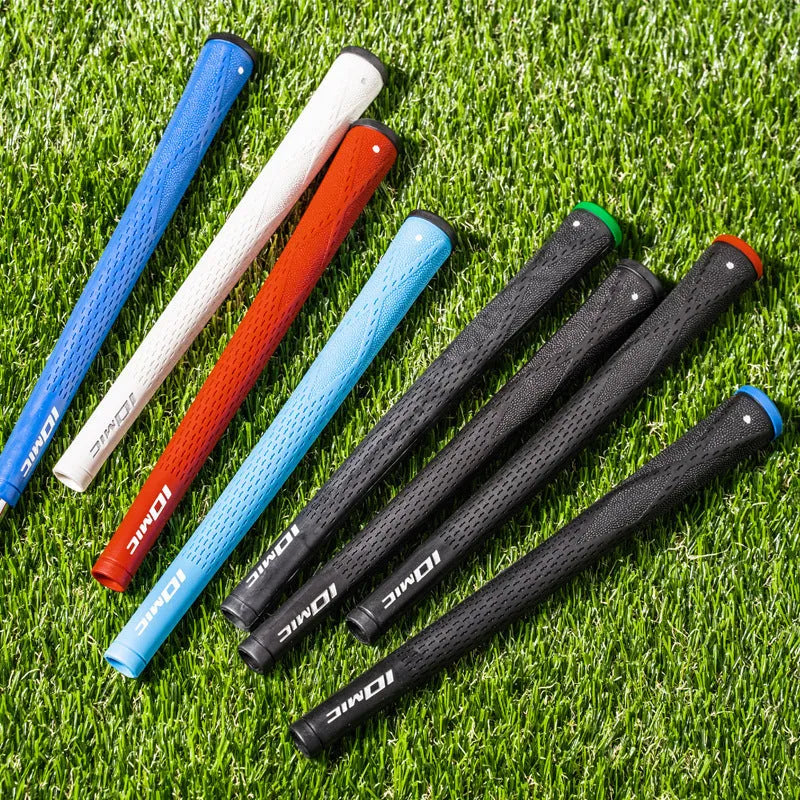 TPE and TPR golf club grip shown in multiple colour options including pink, red, blue, and two-tone designs.