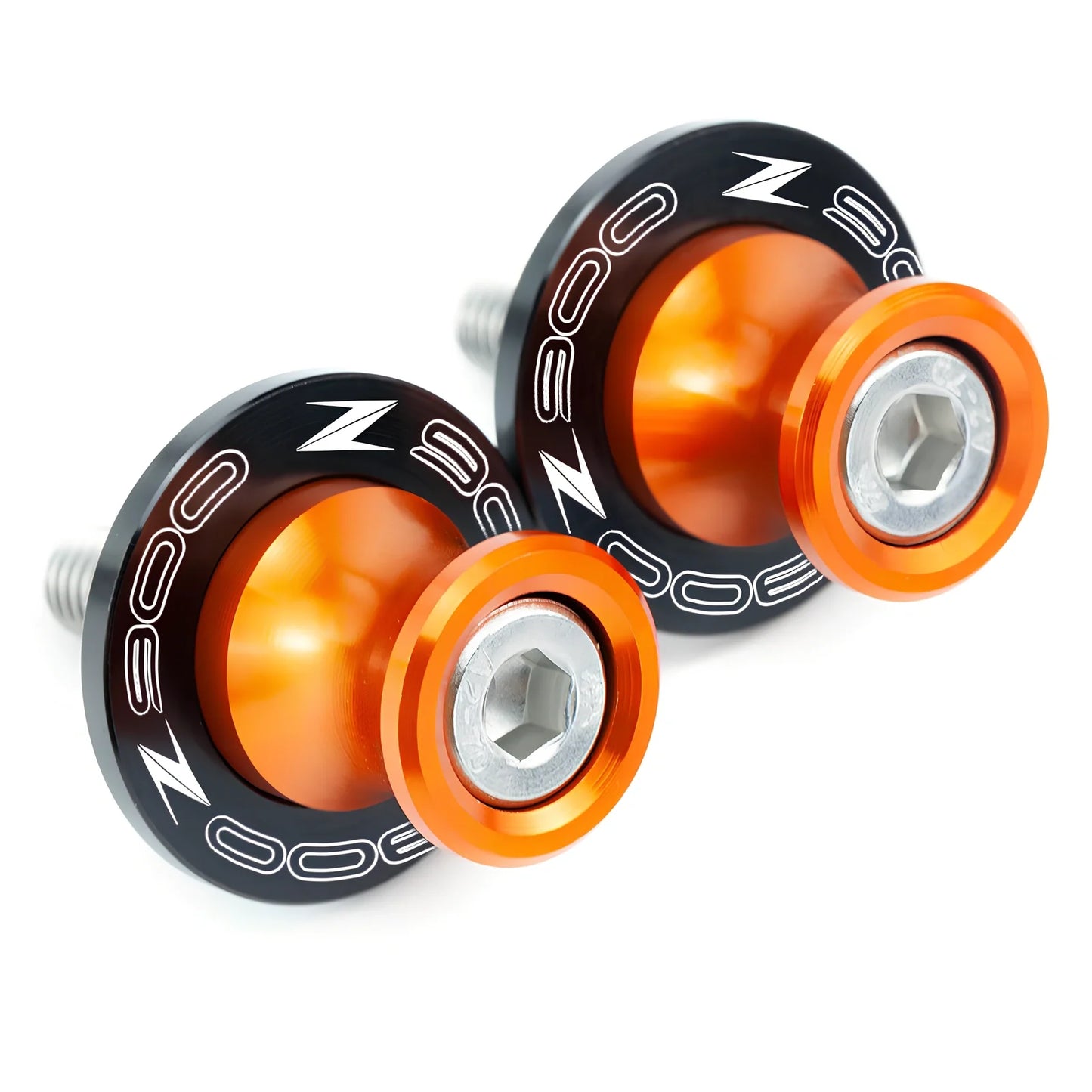 Pair of 8mm CNC aluminium swingarm spools sliders in titanium for Kawasaki Z650 Z900, with Delrin contact and stainless bolts