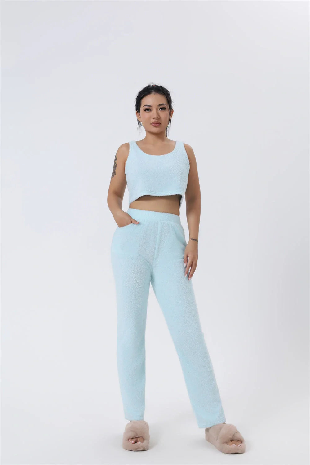Cozy 3-Piece Loungewear Set - Soft and fluffy women's winter pajama set with crop top, wide-leg pants, and matching pullover