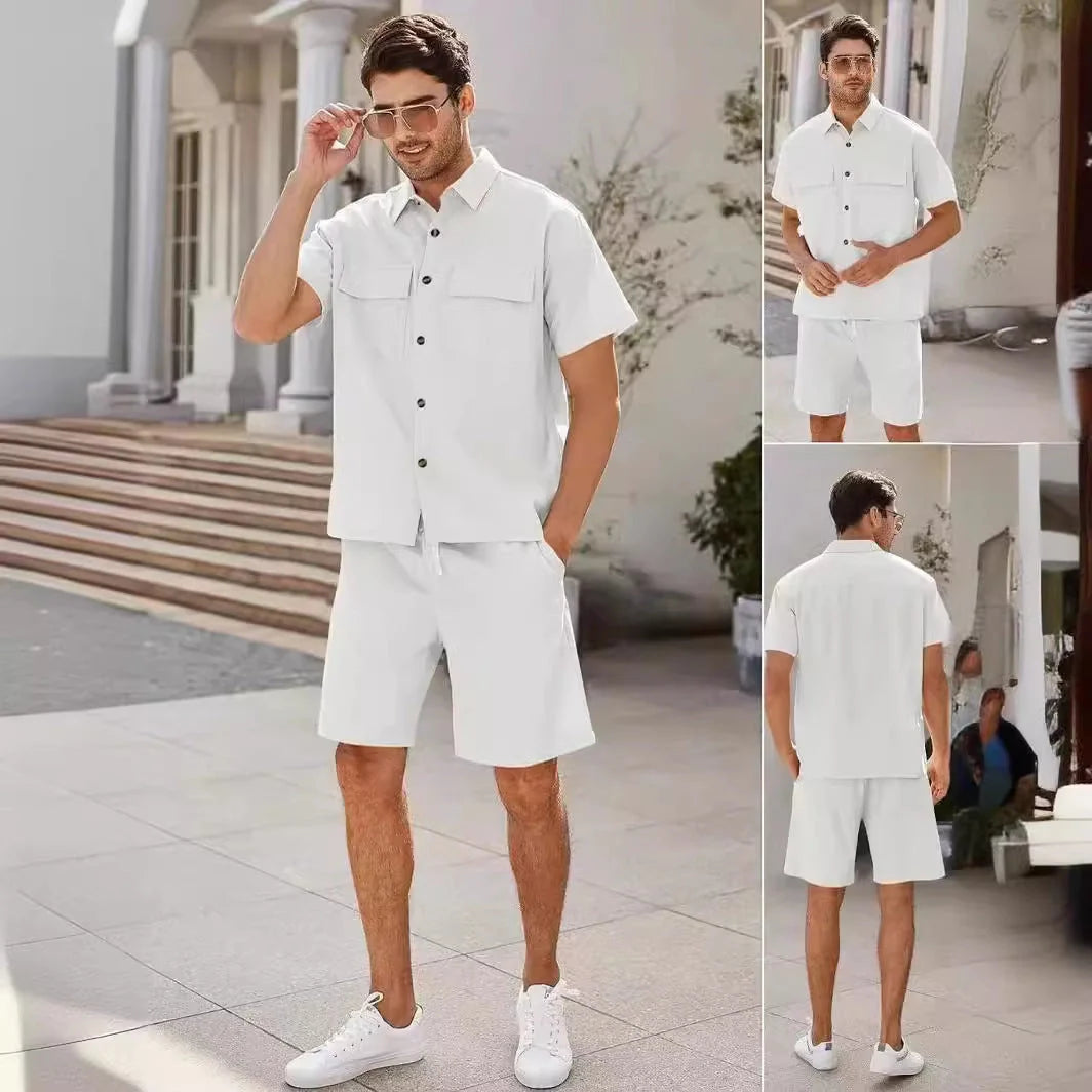 Men's summer suit set with short sleeve lapel shirt and drawstring shorts in linen-cotton blend