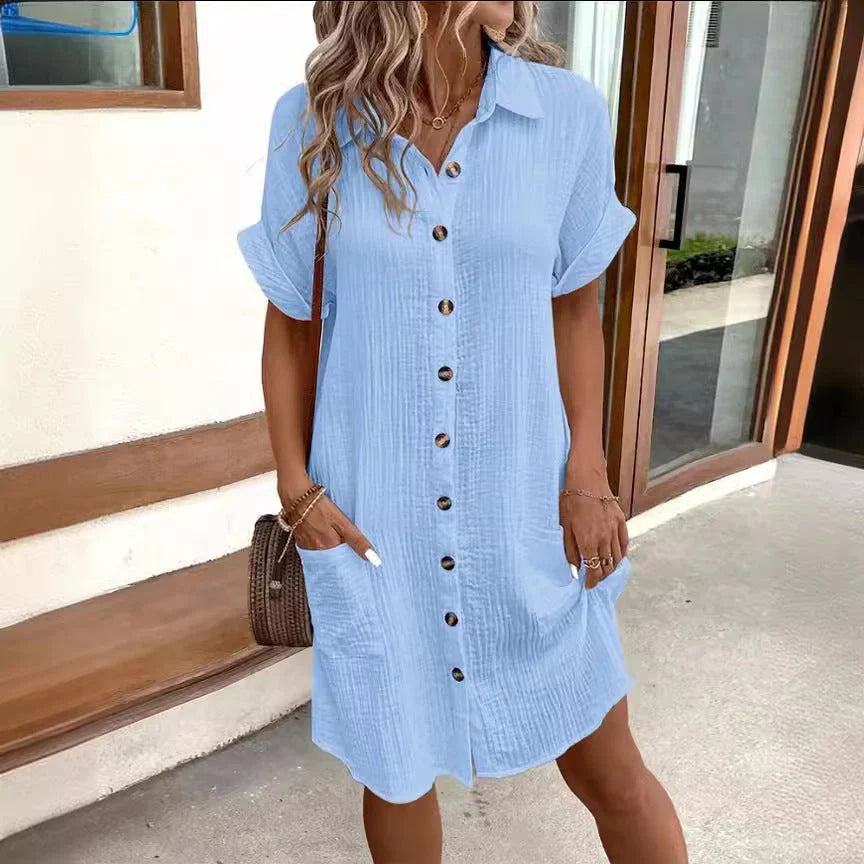Summer short sleeve shirt dress in various colours, showcasing loose fit and mid-length design
