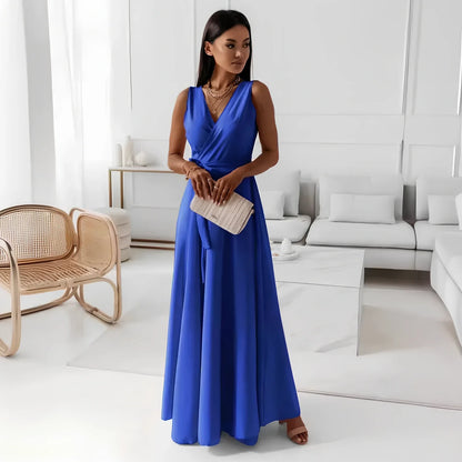 Women’s V-neck sleeveless maxi dress in navy blue with mid-waist belt, polyester fabric, length 144cm size M for party wear