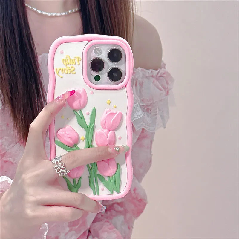3D tulip silicone phone case for iPhone with frosted finish and raised floral design, pink colour